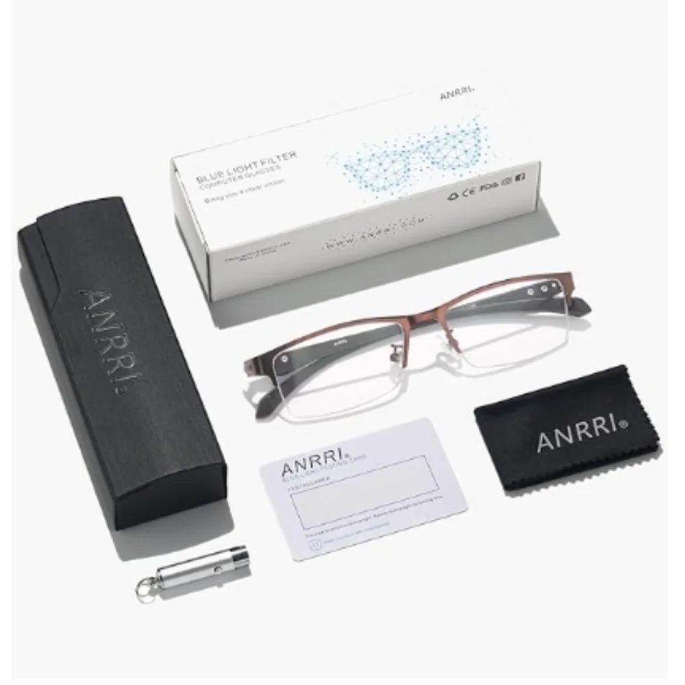 Blue Light Blocking Anti Eyestrain Lens Eyeglasses Semi Rimless Brown